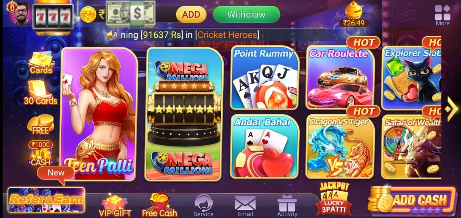 Home Screen of the Teen Patti Master APK with latest Mega Millions Game included 2024-25